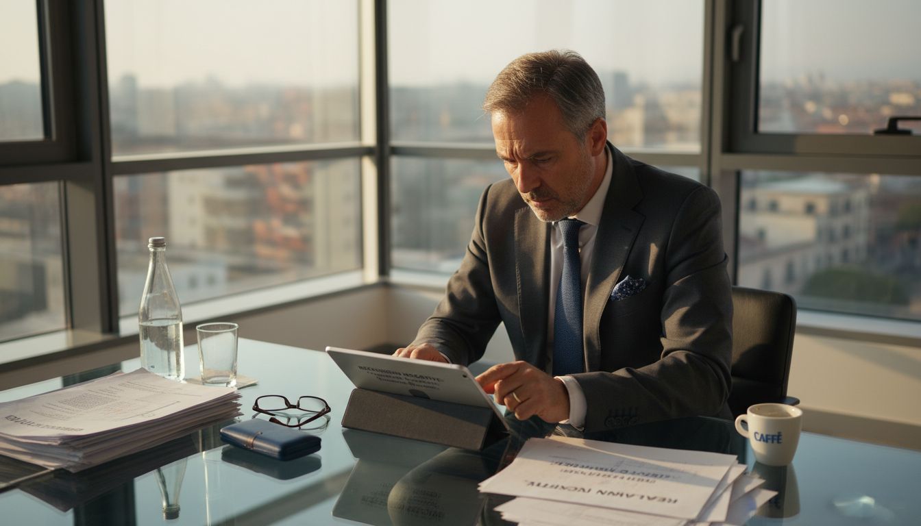 Un manager in ufficio che legge commenti negativi lasciati online sulla propria azienda