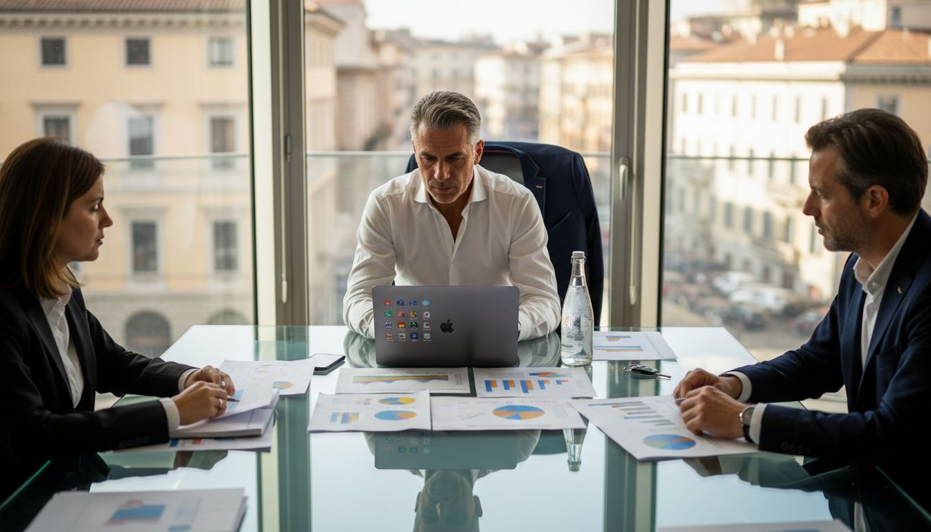 Un dirigente aziendale riunito con il proprio team per una riunione in ufficio
