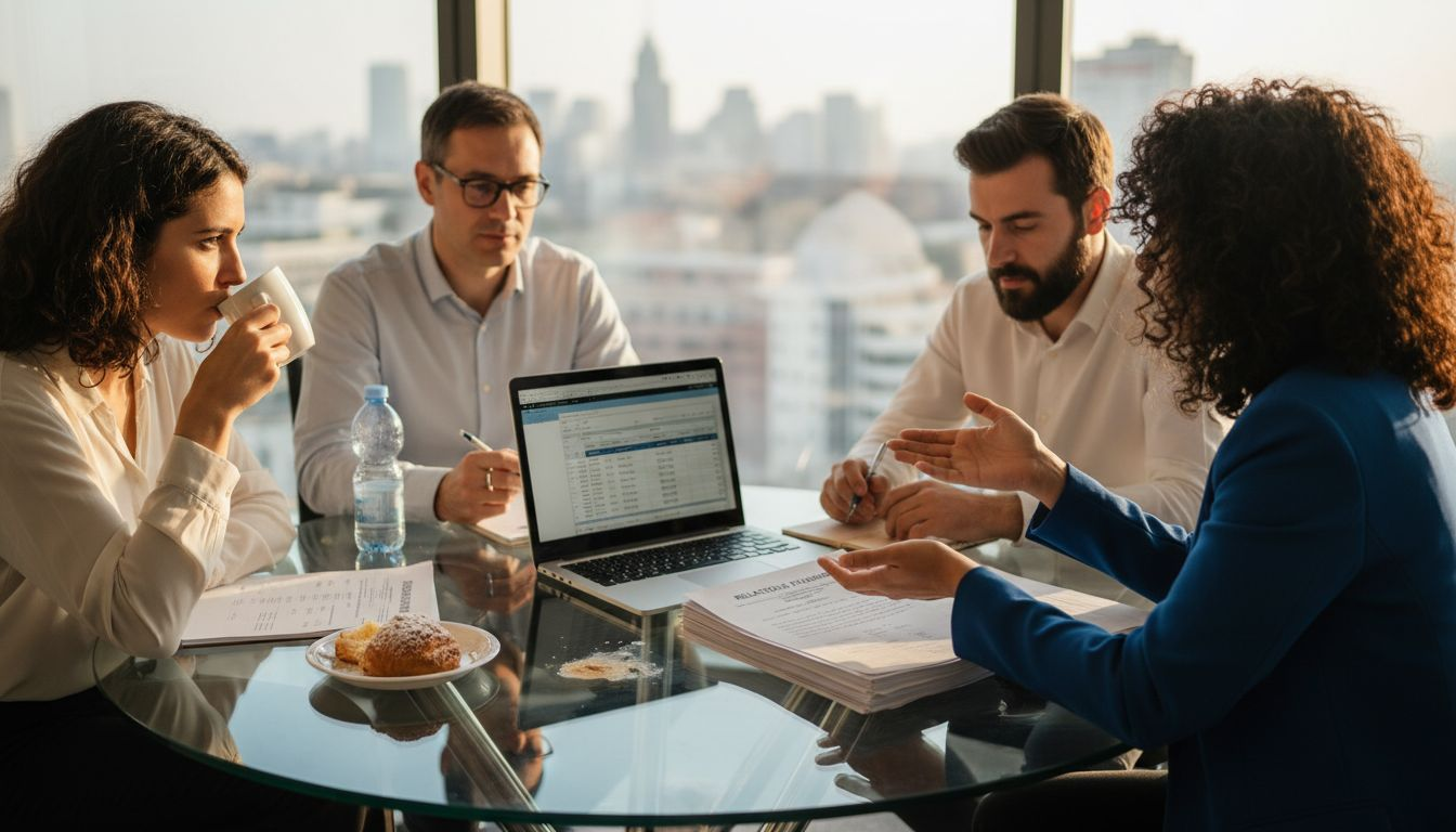 Un gruppo di colleghi riuniti in una sala meeting vetrata mentre pianificano le prossime strategie aziendali.