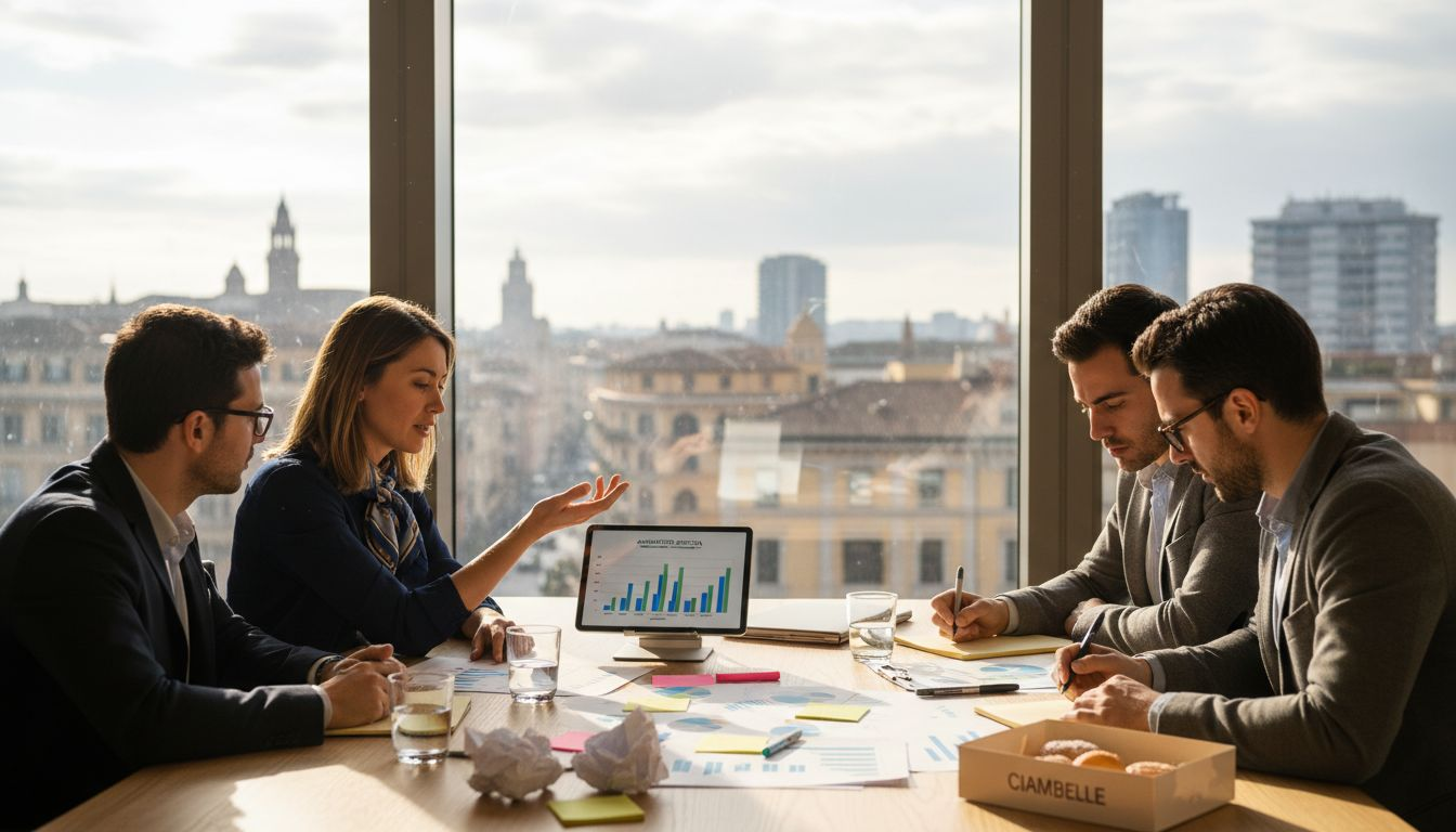 Un gruppo di lavoro si confronta sulle strategie di comunicazione in un ufficio luminoso.