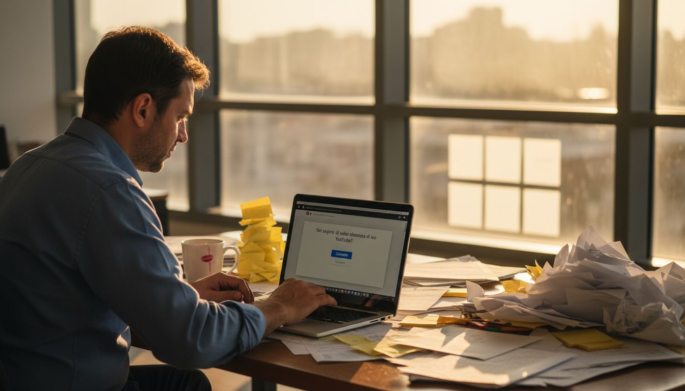 Professionista che cancella un video su YouTube mentre lavora alla scrivania in ufficio