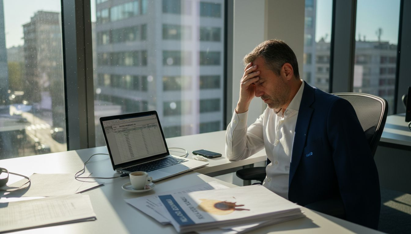 Un manager alle prese con la pressione quotidiana nel suo ufficio al piano alto di un grattacielo.
