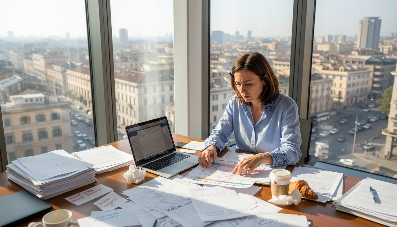 Donna alle prese con la pianificazione di una strategia di comunicazione in un ufficio pieno di carte e materiali sparsi.