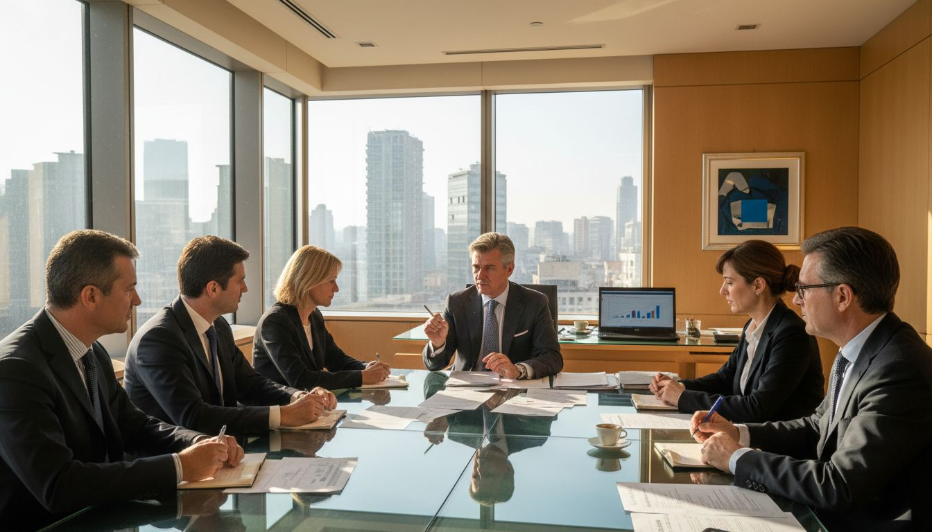 Un manager guida una riunione con il suo team eterogeneo nell’ufficio all’angolo.