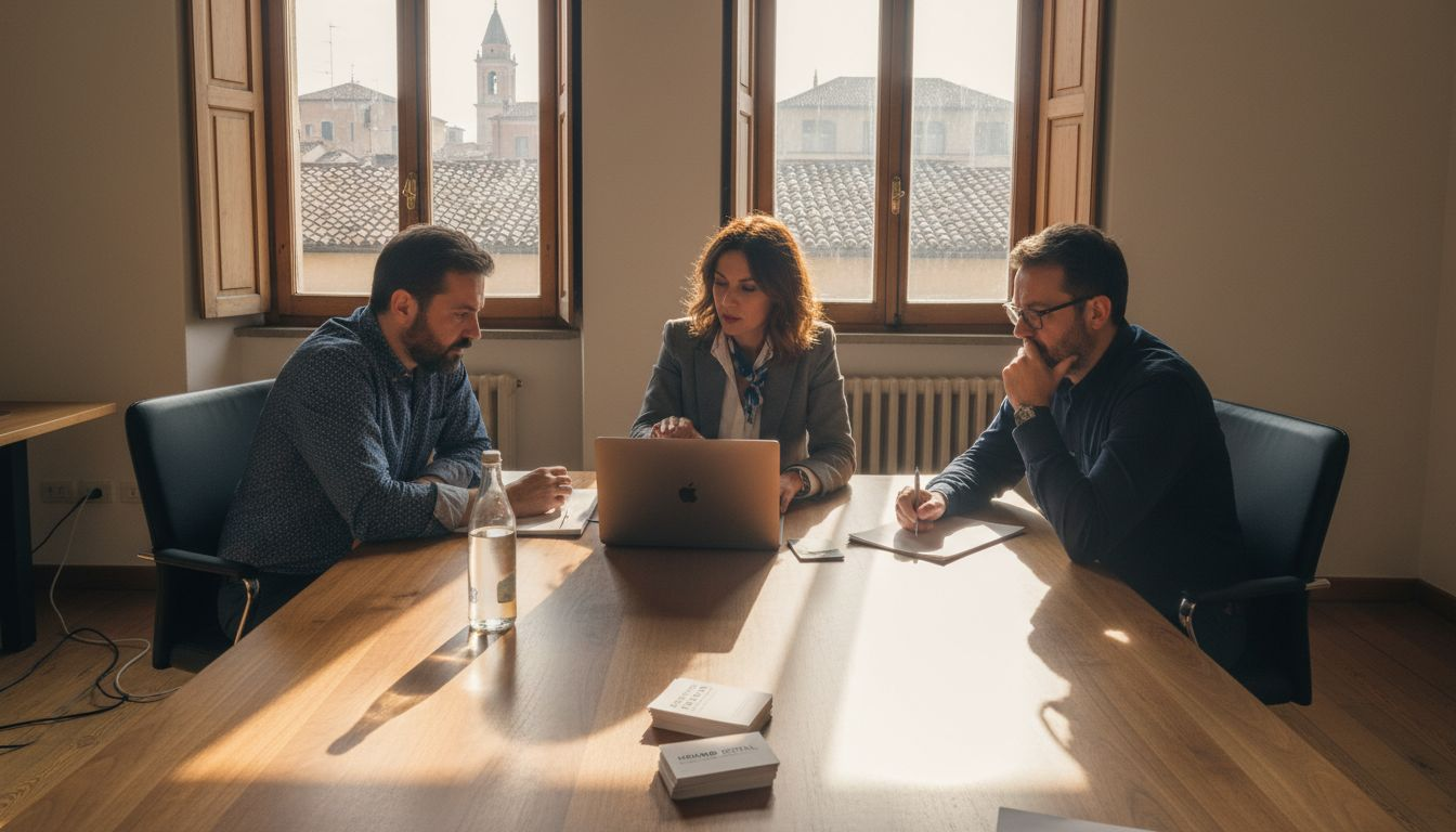 Un gruppo di colleghi si confronta sull’importanza della reputazione digitale, immerso nella luce naturale di un ufficio moderno.