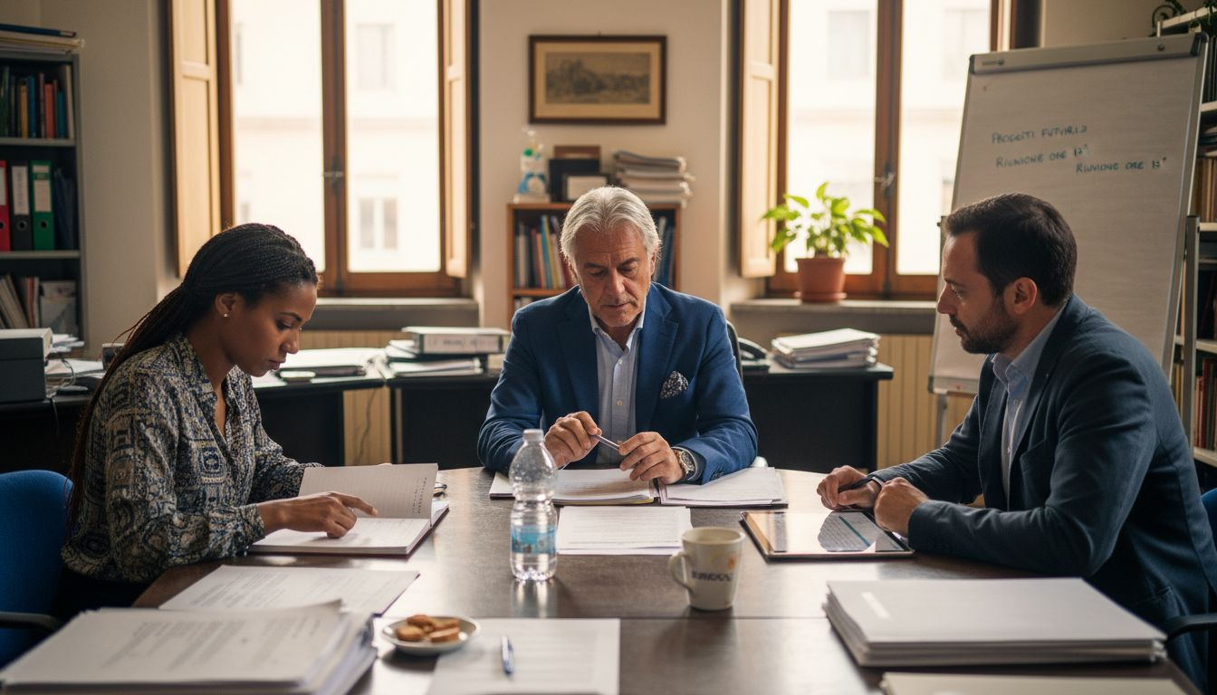 Manager e professionisti riuniti nell’ufficio direzionale per una riunione riservata, intenti a confrontarsi su strategie e decisioni importanti.