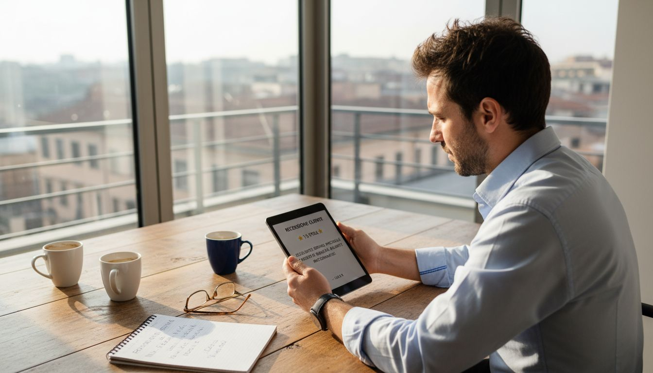 Imprenditore che analizza le opinioni dei clienti alla propria scrivania