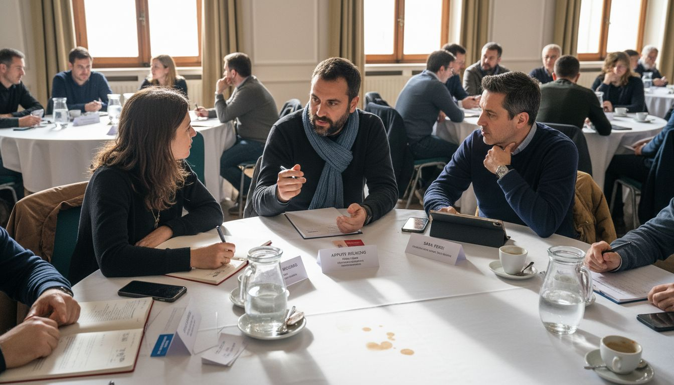Partecipanti che si confrontano e scambiano idee seduti ai tavoli durante l’evento
