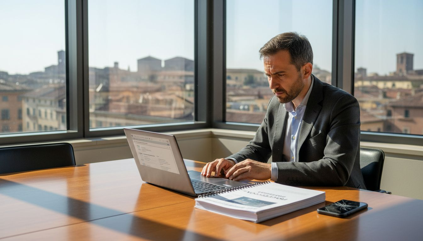 Un professionista analizza problemi di reputazione nel suo ufficio pieno di scartoffie e oggetti sparsi.