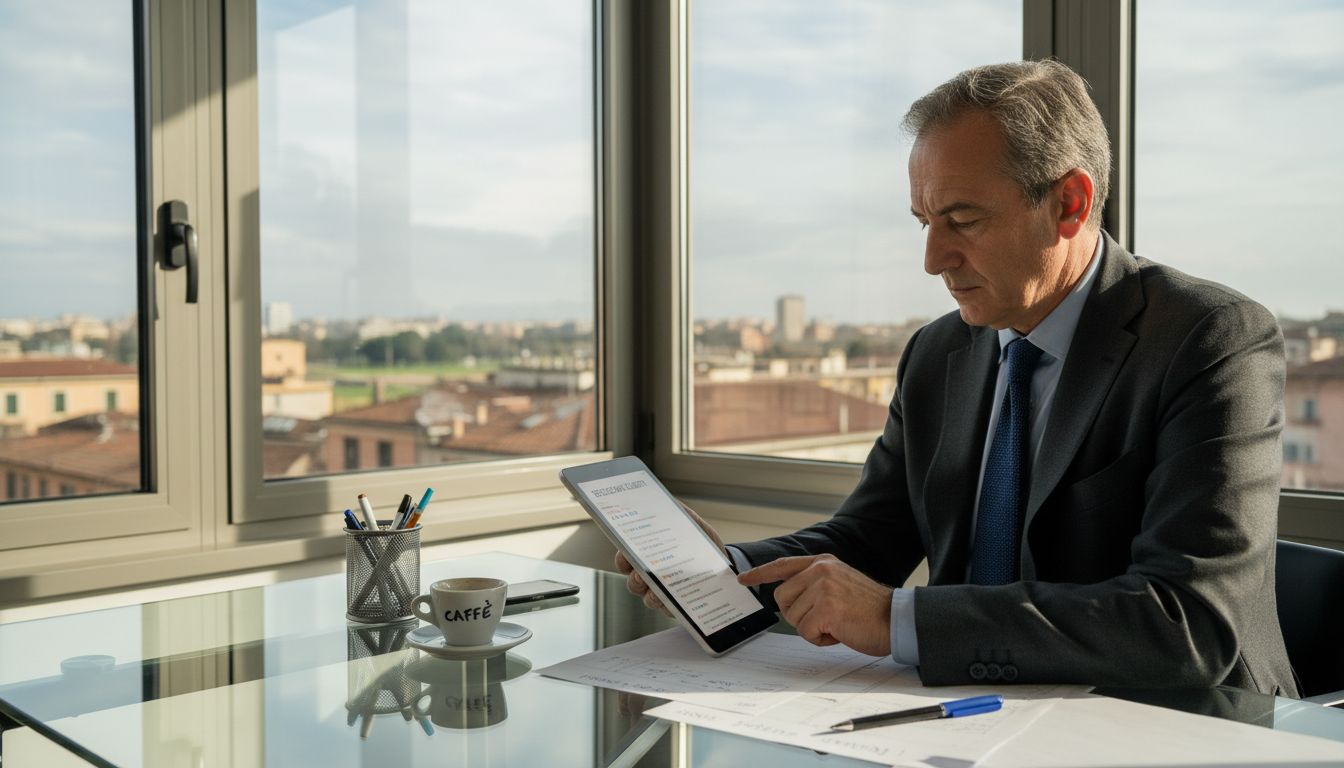 Un imprenditore seduto alla scrivania consulta le recensioni dei clienti per capire come migliorare la propria attività.