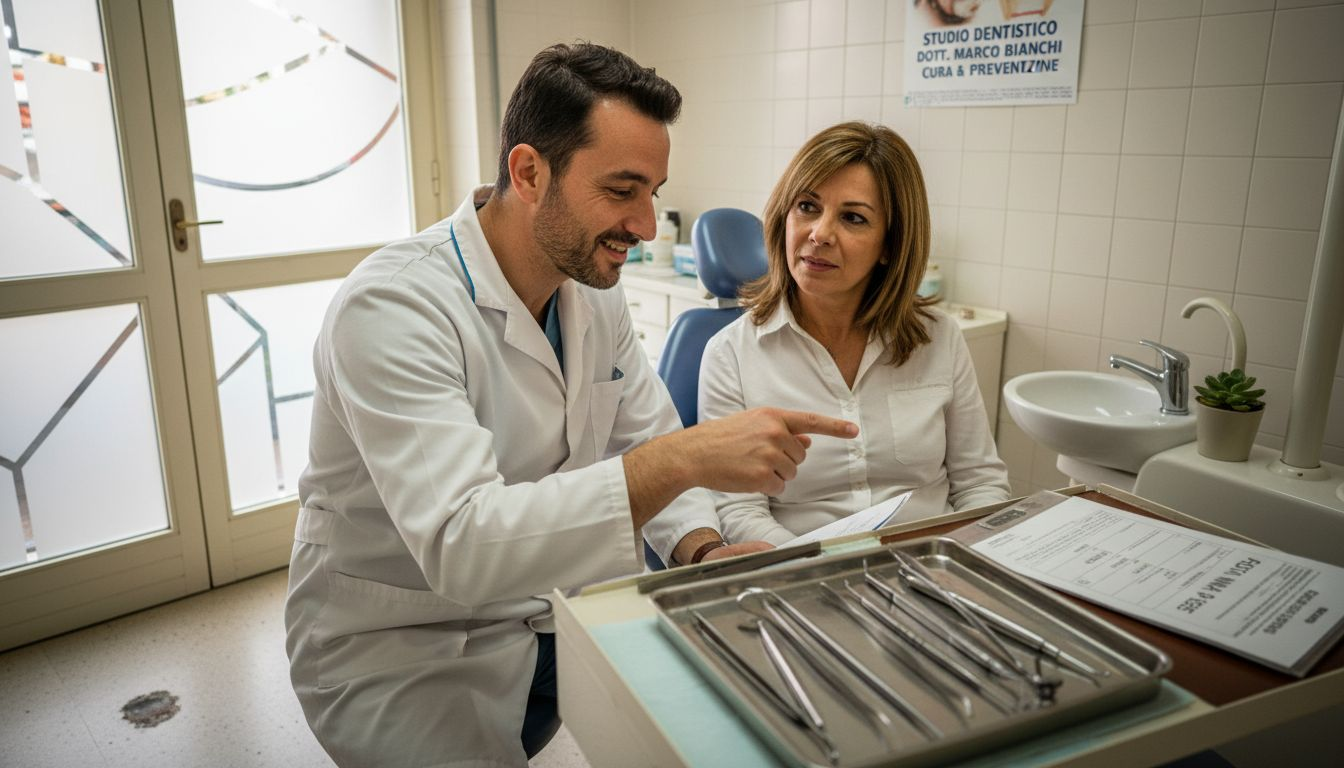 Il dentista dialoga con il paziente durante una visita in studio.