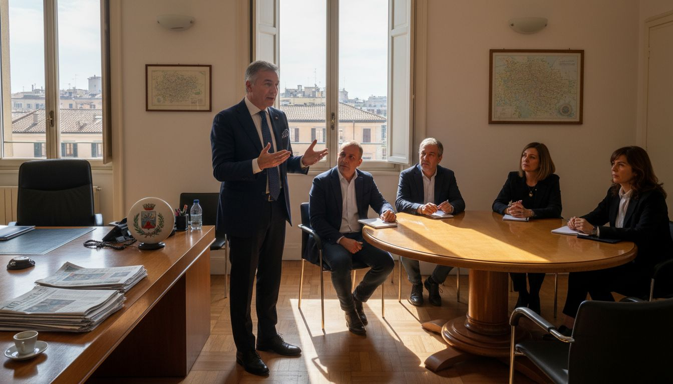 Un responsabile della pubblica amministrazione che si confronta con il proprio team in un ufficio luminoso.