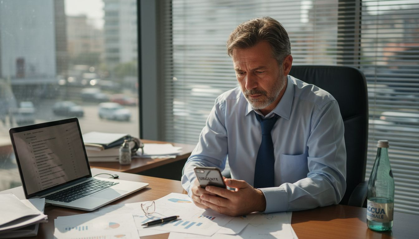 Il manager, visibilmente nervoso, continua a controllare il cellulare mentre è in ufficio.