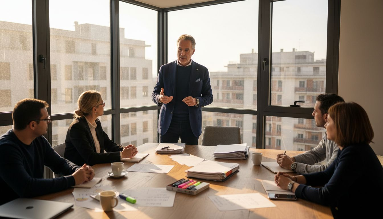 Il manager coordina il suo team durante una riunione aziendale in sala conferenze.