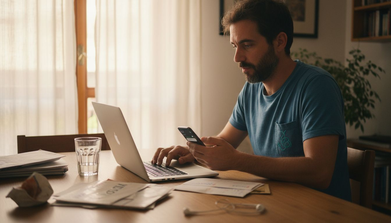 Un uomo seduto a casa, impegnato a comunicare online dal suo portatile.