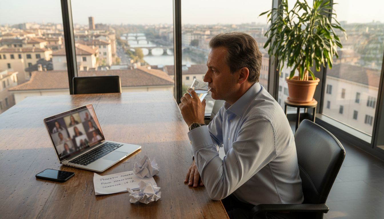 Il responsabile coordina una riunione online dalla sede in città.