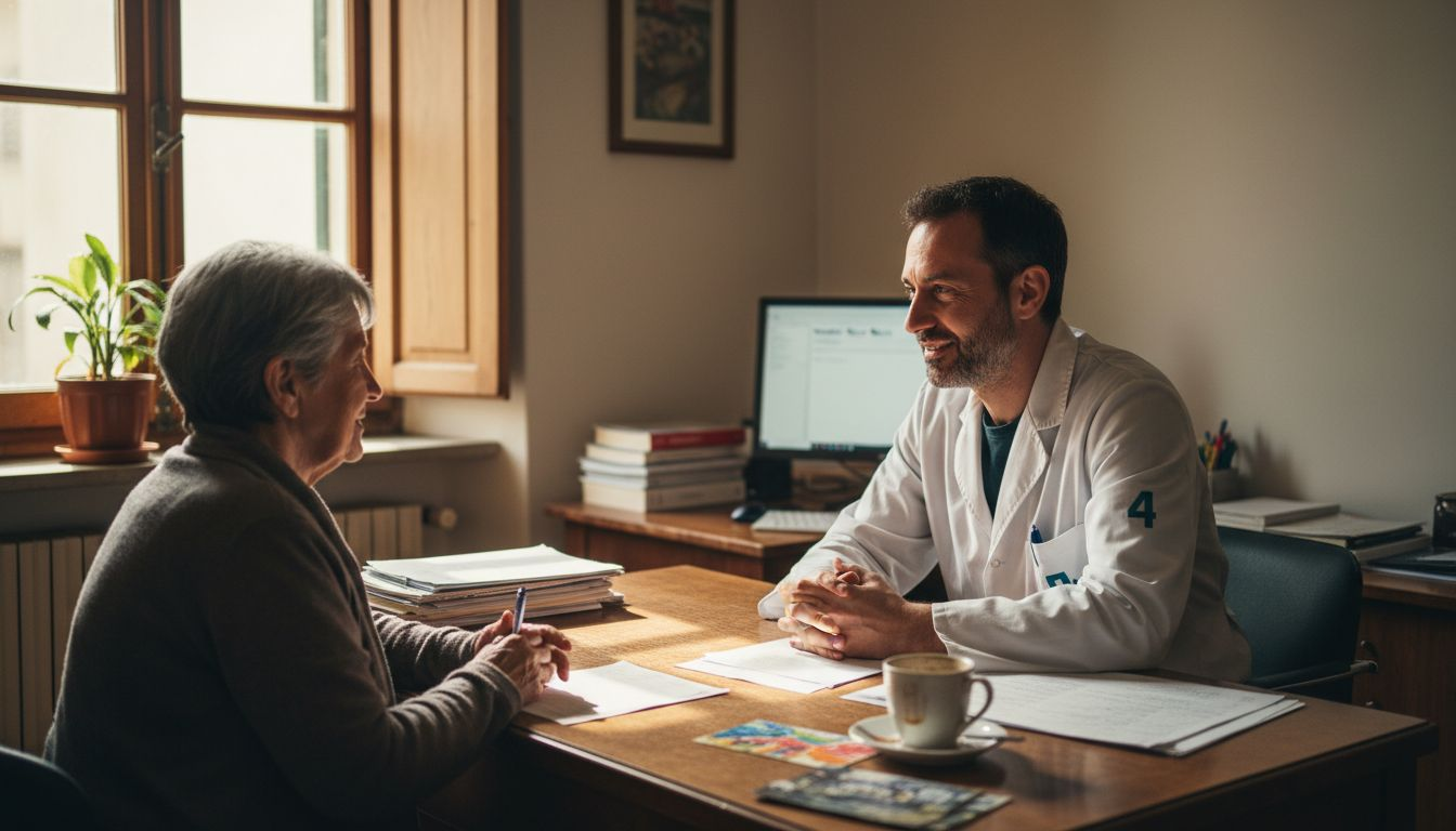 Il medico si intrattiene in una conversazione attenta con una paziente anziana nel suo ambulatorio.