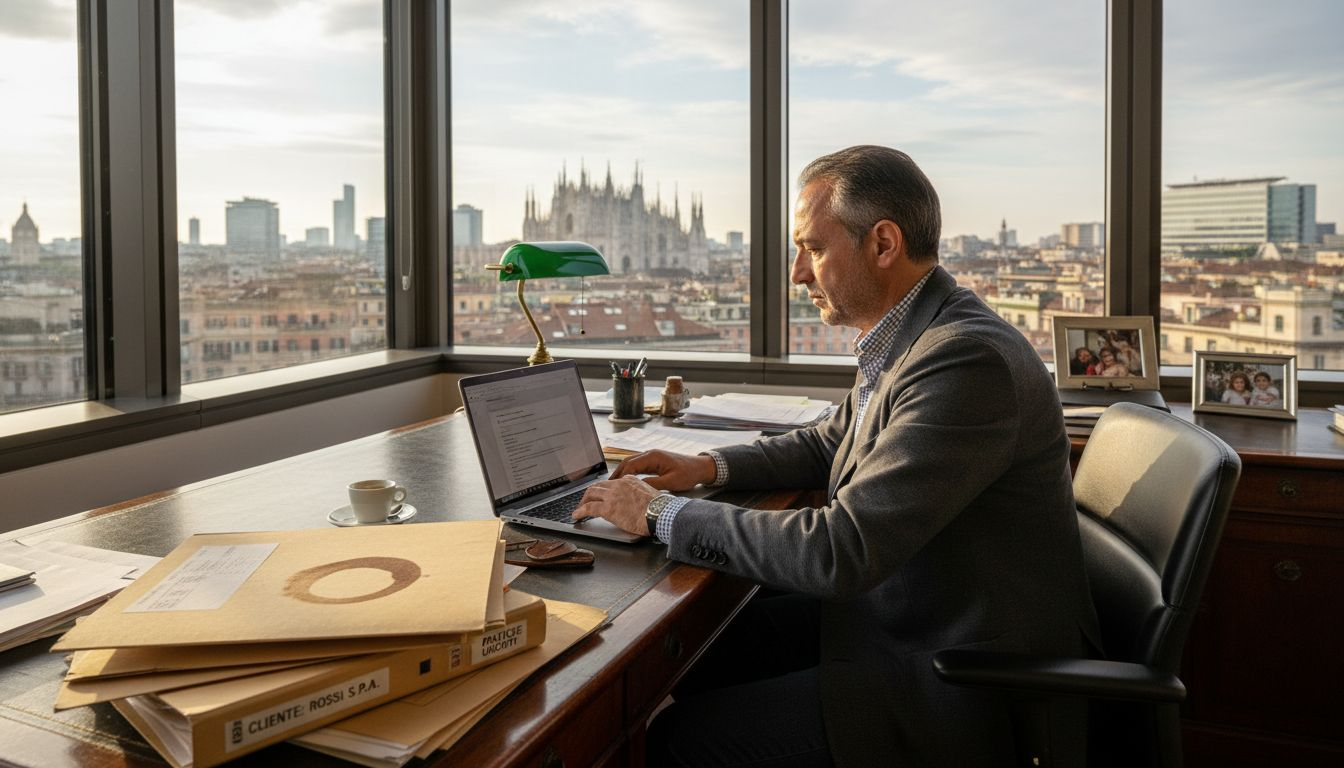 Manager italiano al lavoro nel suo ufficio direzionale