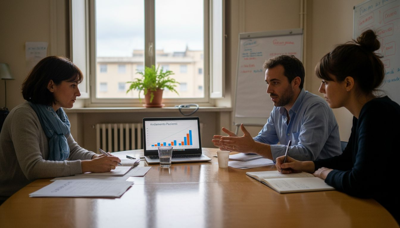 Il team sanitario si confronta sulle strategie di comunicazione durante una riunione.