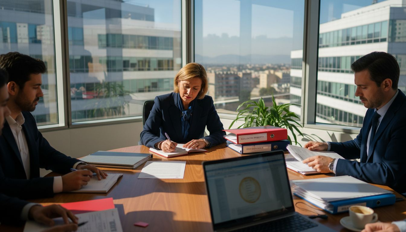Un dirigente guida una riunione aziendale all’interno di un ufficio con pareti in vetro.