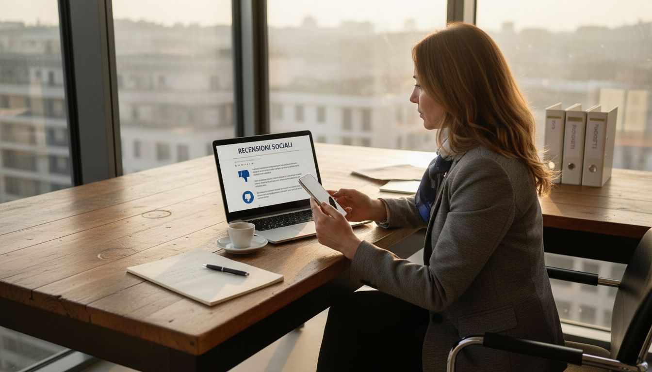 Imprenditrice che consulta le recensioni online nel suo ufficio