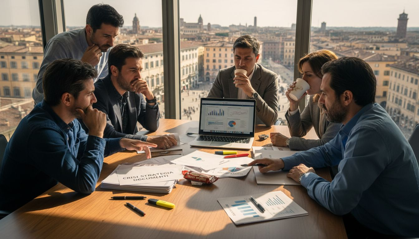 Il team aziendale si riunisce in ufficio per confrontarsi sulle strategie da adottare in un momento di crisi.